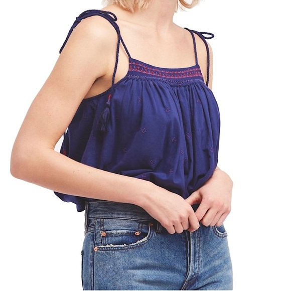 Free People Tops - Free People Blue Embroidered Cropped Blouse XS